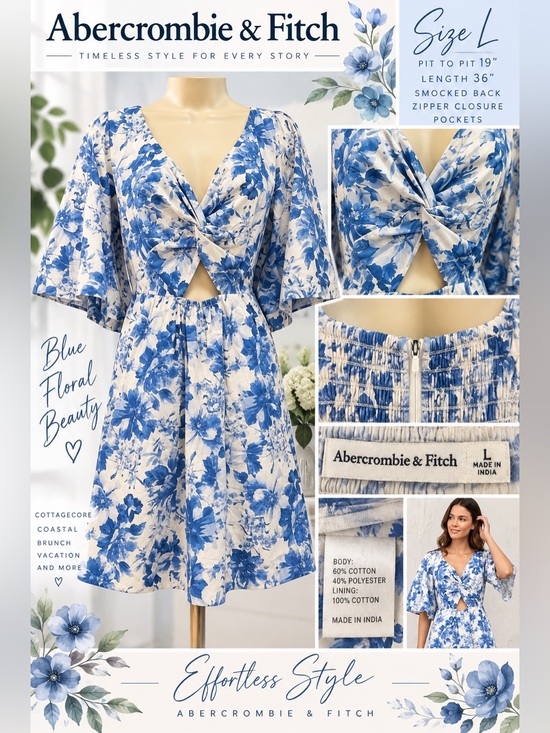 Abercrombie & Fitch Dresses & Skirts - Abercrombie & Fitch Blue White Floral Cutout Mini Dress Size L Smocked Back